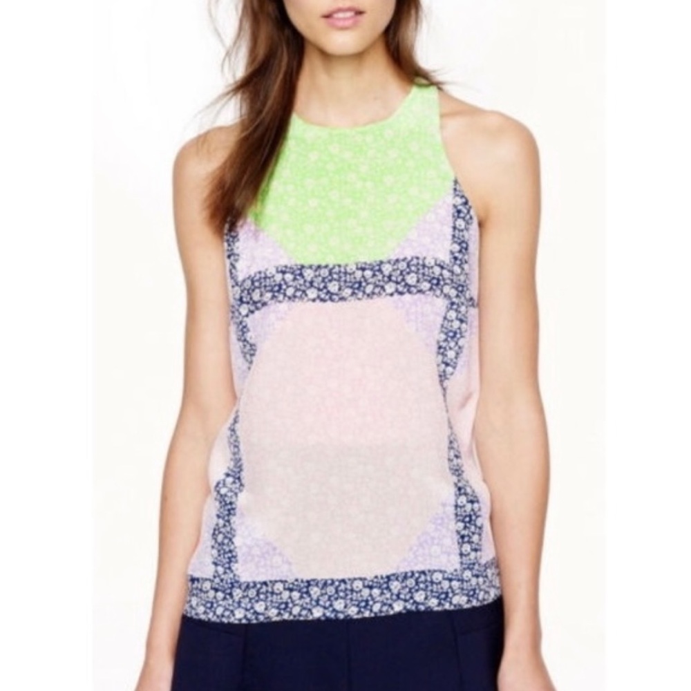 J. Crew Pastel Pink and Lime Halter Tank with Navy Floral Panels